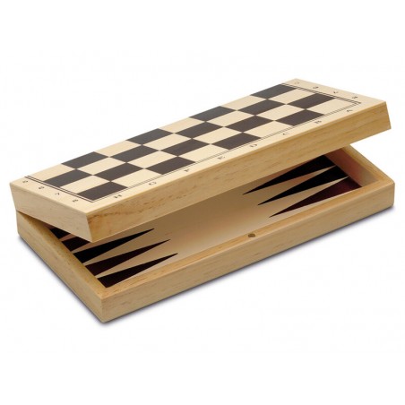 Tres juego de madera en uno: Ajedrez, damas y backgammon. Fabricado por Cayro.