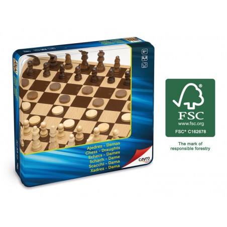 Ajedrez y damas de madera en caja metálica de Cayro