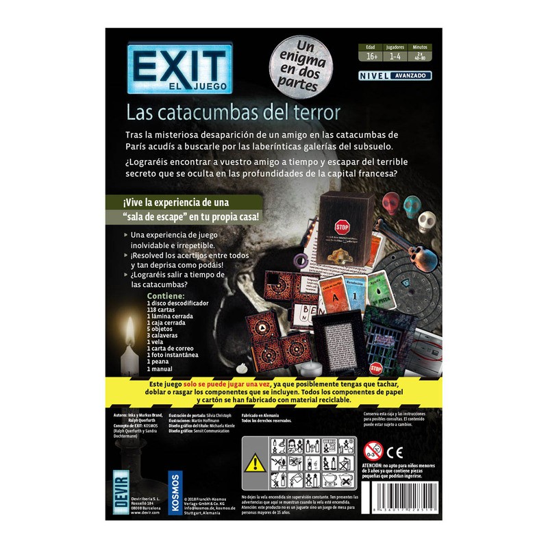 Exit: Las Catacumbas del Terror es un juego de escape room nivel avanzado, editado por Devir.