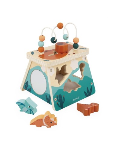Dino - Volcán Multiactividades es un cubo de madera para jugar a partir de 12 meses. Fabricado con madera FSC por Janod.