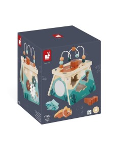 Dino - Volcán Multiactividades es un cubo de madera para jugar a partir de 12 meses. Fabricado con madera FSC por Janod.
