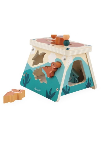 Dino - Volcán Multiactividades es un cubo de madera para jugar a partir de 12 meses. Fabricado con madera FSC por Janod.