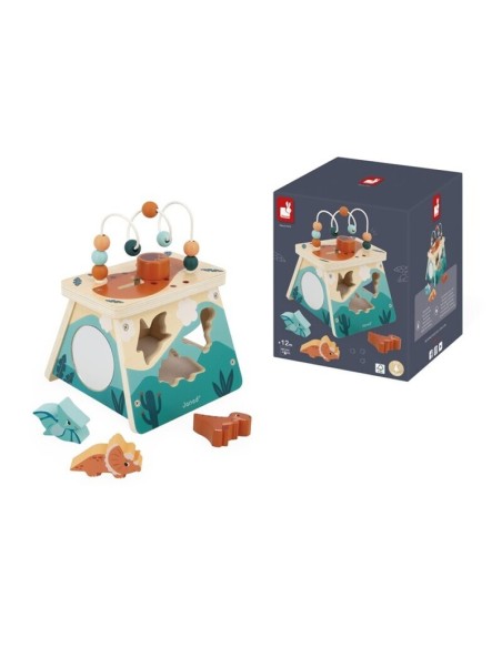 Dino - Volcán Multiactividades es un cubo de madera para jugar a partir de 12 meses. Fabricado con madera FSC por Janod.