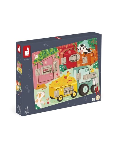 Tablero de Cerraduras - la Granja de Janod es un bonito juego de madera FSC a partir de 12 meses.