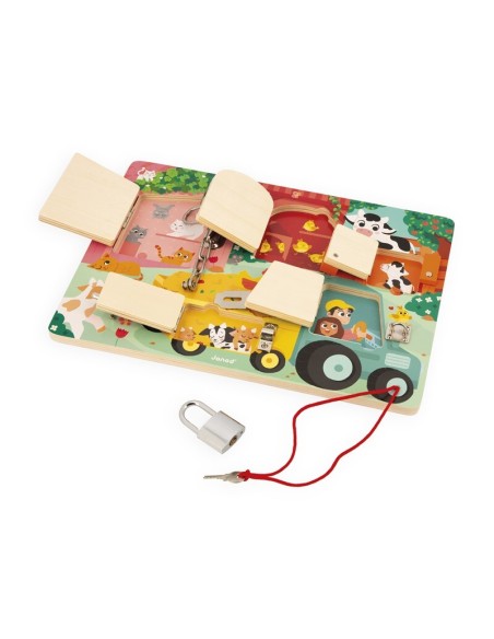 Tablero de Cerraduras - la Granja de Janod es un bonito juego de madera FSC a partir de 12 meses.