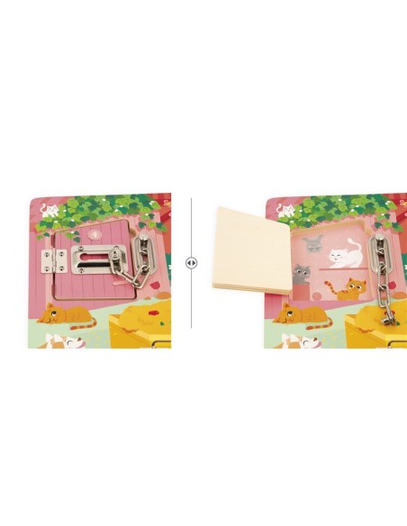 Tablero de Cerraduras - la Granja de Janod es un bonito juego de madera FSC a partir de 12 meses.