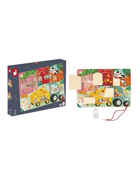 Tablero de Cerraduras - la Granja de Janod es un bonito juego de madera FSC a partir de 12 meses.
