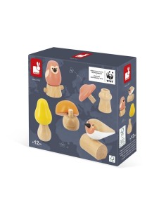 Aves y setas para enroscar es un juego de habilidad a partir de 18 meses, fabricado en madera ecológica por Janod.