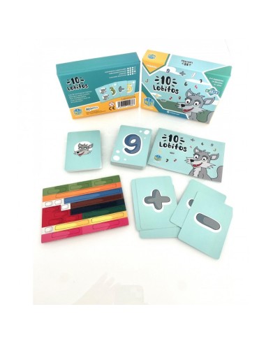 10 Lobitos es un juego de cartas para que los niños aprendan operaciones hasta 10. Editado por Aula en Juego.