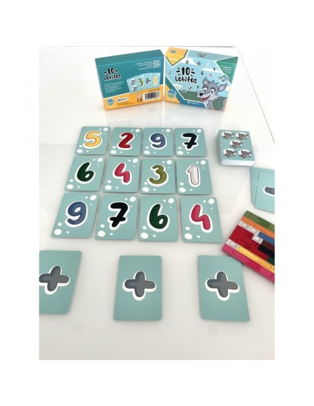 10 Lobitos es un juego de cartas para que los niños aprendan operaciones hasta 10. Editado por Aula en Juego.