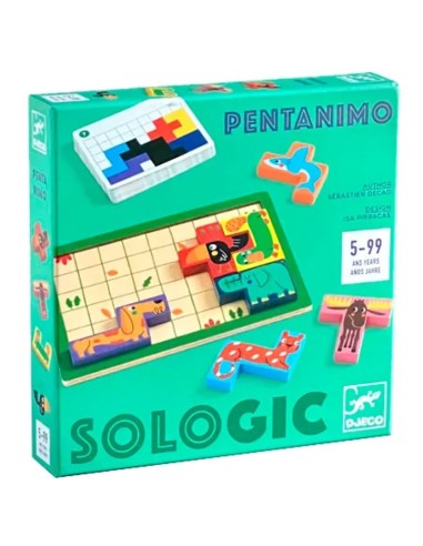Pentamino Sologic es un juego de lógica con componentes de madera de la editorial Djeco.