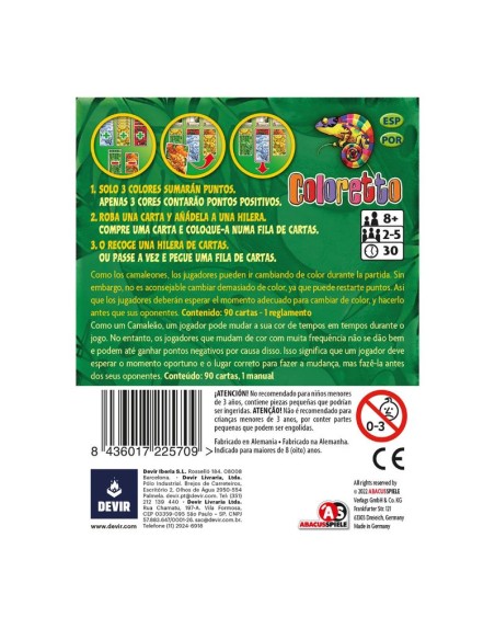 Coloretto es un juego de cartas de colección de sets. Editado por Devir.