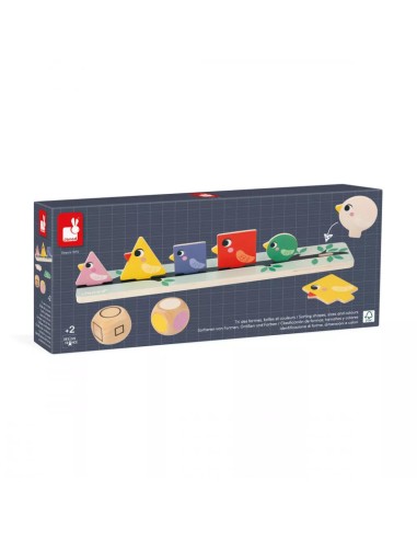 Clasificación de formas, tamaños y colores pájaros es un juego de clasificación de formas de la línea pedagógica de Janod.