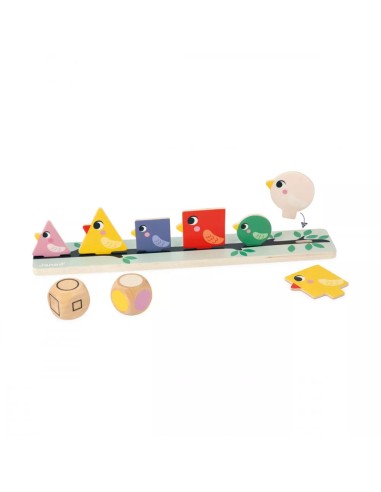 Clasificación de formas, tamaños y colores pájaros es un juego de clasificación de formas de la línea pedagógica de Janod.