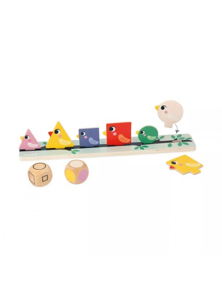 Clasificación de formas, tamaños y colores pájaros es un juego de clasificación de formas de la línea pedagógica de Janod.