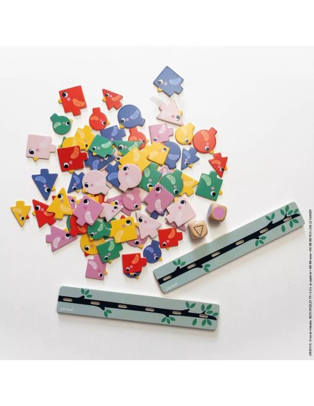 Clasificación de formas, tamaños y colores pájaros es un juego de clasificación de formas de la línea pedagógica de Janod.