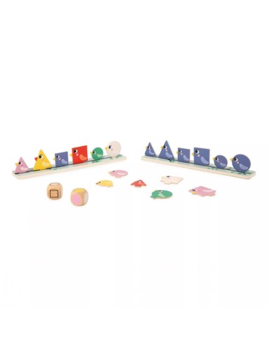 Clasificación de formas, tamaños y colores pájaros es un juego de clasificación de formas de la línea pedagógica de Janod.