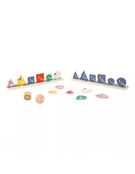 Clasificación de formas, tamaños y colores pájaros es un juego de clasificación de formas de la línea pedagógica de Janod.