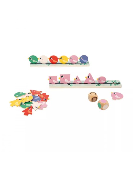 Clasificación de formas, tamaños y colores pájaros es un juego de clasificación de formas de la línea pedagógica de Janod.