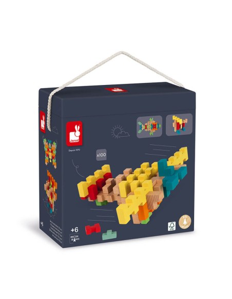 Juego de contrucción de bloques de 100 piezas de madera fabricado por Janod.