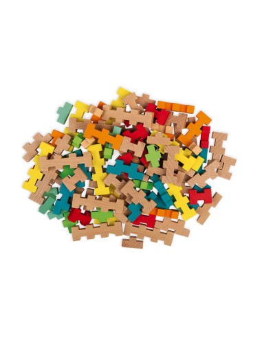 Juego de contrucción de bloques de 100 piezas de madera fabricado por Janod.
