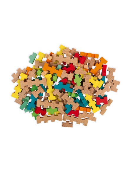 Juego de contrucción de bloques de 100 piezas de madera fabricado por Janod.