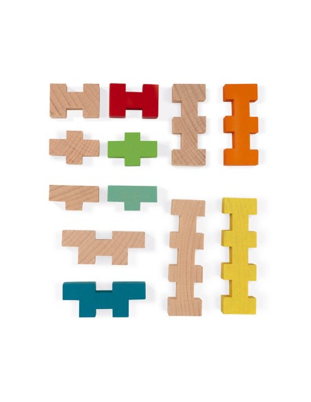 Juego de contrucción de bloques de 100 piezas de madera fabricado por Janod.