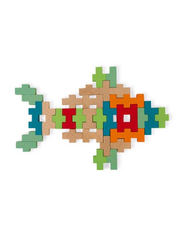 Juego de contrucción de bloques de 100 piezas de madera fabricado por Janod.