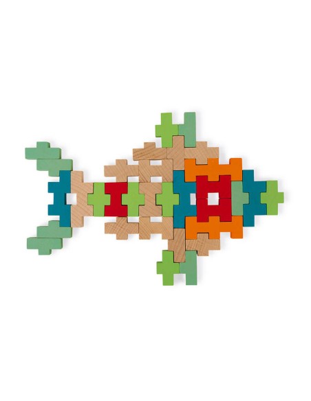 Juego de contrucción de bloques de 100 piezas de madera fabricado por Janod.