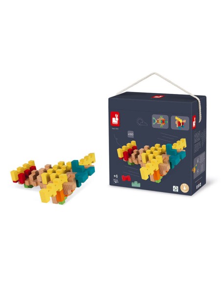 Juego de contrucción de bloques de 100 piezas de madera fabricado por Janod.