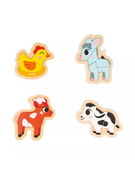4 Puzzles evolutivos granja son 4 puzzles de madera para niños a partir de 18 meses fabricado por Janod.