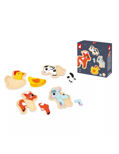 4 Puzzles evolutivos granja son 4 puzzles de madera para niños a partir de 18 meses fabricado por Janod.