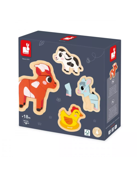 4 Puzzles evolutivos granja son 4 puzzles de madera para niños a partir de 18 meses fabricado por Janod.