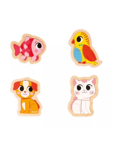 4 Puzzles evolutivos animales de compañía, son 4 puzzles de madera para niños a partir de 18 meses fabricado por Janod.