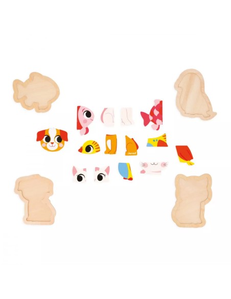 4 Puzzles evolutivos animales de compañía, son 4 puzzles de madera para niños a partir de 18 meses fabricado por Janod.