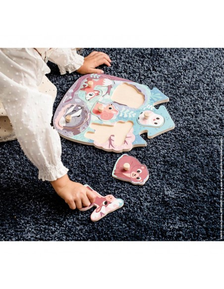 Puzzle encajable el bosque es un puzzle de madera para niños a partir de 18 meses. Fabricado por Janod.