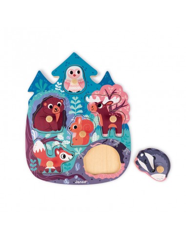 Puzzle encajable el bosque es un puzzle de madera para niños a partir de 18 meses. Fabricado por Janod.
