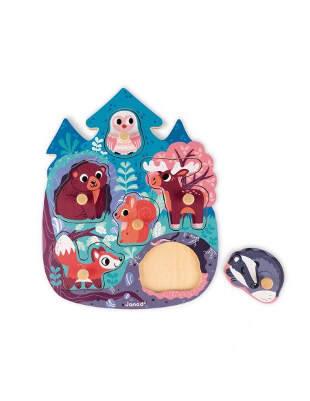Puzzle encajable el bosque es un puzzle de madera para niños a partir de 18 meses. Fabricado por Janod.