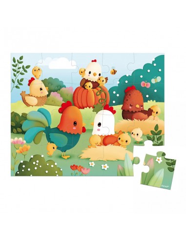 Puzzle Bienvenidos al Corral de Janod es un puzzle de 20 piezas para niños a partir de 2 años.