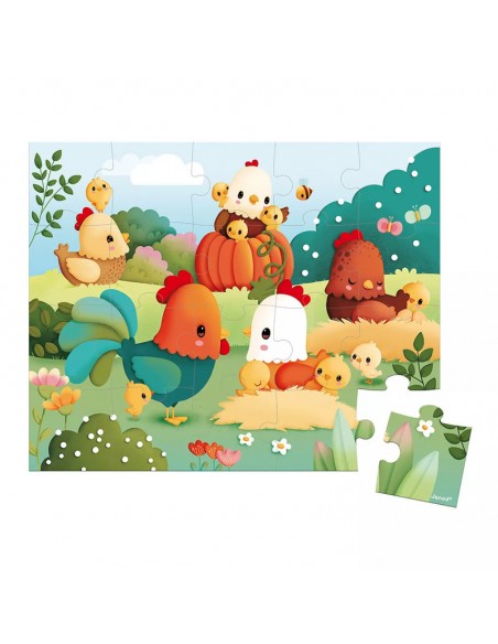 Puzzle Bienvenidos al Corral de Janod es un puzzle de 20 piezas para niños a partir de 2 años.