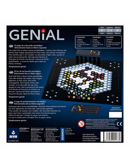Genial es un juego abstracto de Reiner Knizia. Editado por Devir.
